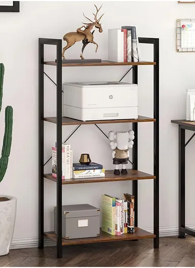 4-Tier Storage Shelf Rack, Freestanding Bookcase with Metal Frame &amp; Adjustable Feet, Open Display Shelving Unit for Living Room, Bedroom, Office (W63 x D30 x H121.5)cm - Tiger Wood