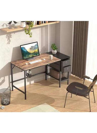 Sturdy Home Office Work &amp; Study Desk, Spacious Computer Desk with 2 Fabric Drawers, Headphone Hook &amp; Open Shelf (W120 x D60 x H74)cm - Black &amp; Tiger Wood