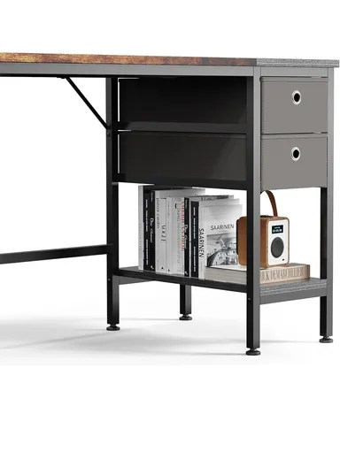 Sturdy Home Office Work &amp; Study Desk, Spacious Computer Desk with 2 Fabric Drawers, Headphone Hook &amp; Open Shelf (W120 x D60 x H74)cm - Black &amp; Tiger Wood
