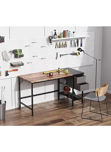 Sturdy Home Office Work &amp; Study Desk, Spacious Computer Desk with 2 Fabric Drawers, Headphone Hook &amp; Open Shelf (W120 x D60 x H74)cm - Black &amp; Tiger Wood