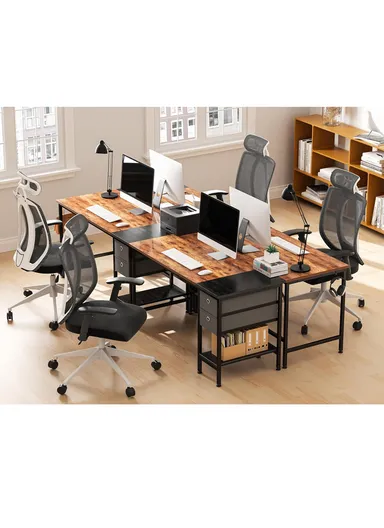 Sturdy Home Office Work &amp; Study Desk, Spacious Computer Desk with 2 Fabric Drawers, Headphone Hook &amp; Open Shelf (W120 x D60 x H74)cm - Black &amp; Tiger Wood