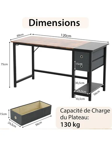 Sturdy Home Office Work &amp; Study Desk, Spacious Computer Desk with 2 Fabric Drawers, Headphone Hook &amp; Open Shelf (W120 x D60 x H74)cm - Black &amp; Tiger Wood