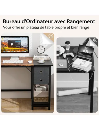 Sturdy Home Office Work &amp; Study Desk, Spacious Computer Desk with 2 Fabric Drawers, Headphone Hook &amp; Open Shelf (W120 x D60 x H74)cm - Black &amp; Tiger Wood