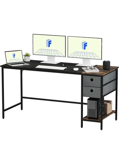 Sturdy Home Office Work &amp; Study Desk, Spacious Computer Desk with 2 Fabric Drawers, Headphone Hook &amp; Open Shelf (W120 x D60 x H74)cm - Black &amp; Tiger Wood