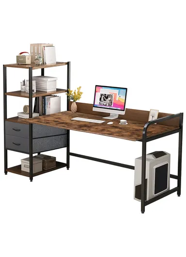 Rustic Modern Home Office Writing Desk, Multifunctional PC Gaming Desk with Drawers, Bookshelf &amp; Tiger Wood Finish (W140 x D50 x H110)cm