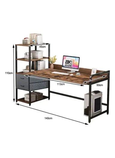 Rustic Modern Home Office Writing Desk, Multifunctional PC Gaming Desk with Drawers, Bookshelf &amp; Tiger Wood Finish (W140 x D50 x H110)cm