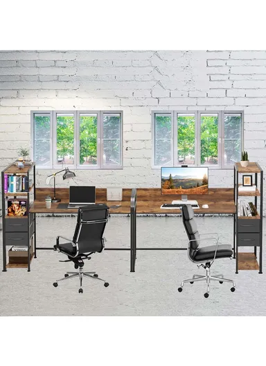 Rustic Modern Home Office Writing Desk, Multifunctional PC Gaming Desk with Drawers, Bookshelf &amp; Tiger Wood Finish (W140 x D50 x H110)cm