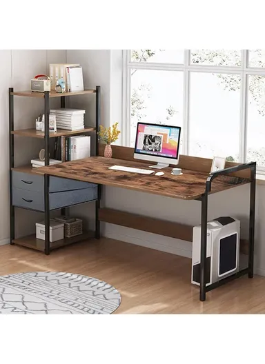 Rustic Modern Home Office Writing Desk, Multifunctional PC Gaming Desk with Drawers, Bookshelf &amp; Tiger Wood Finish (W140 x D50 x H110)cm