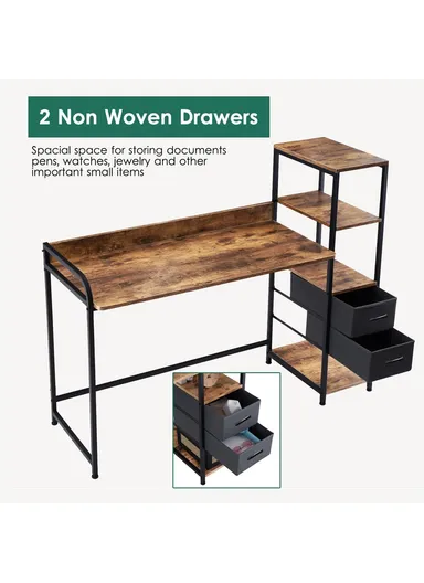 Rustic Modern Home Office Writing Desk, Multifunctional PC Gaming Desk with Drawers, Bookshelf &amp; Tiger Wood Finish (W140 x D50 x H110)cm