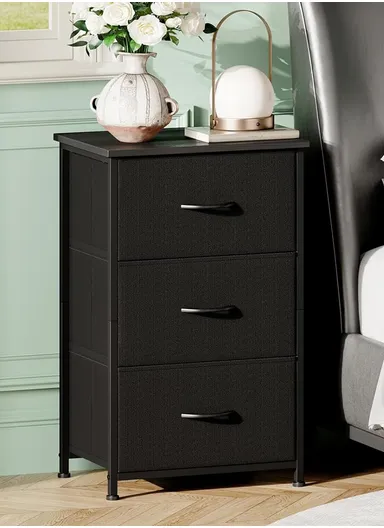 3-Drawer Storage Dresser, Bedroom Nightstand Small Dresser Chest with Metal Frame &amp; Fabric Bins, Living Room End Table (W42 x D30 x H72)cm - Black