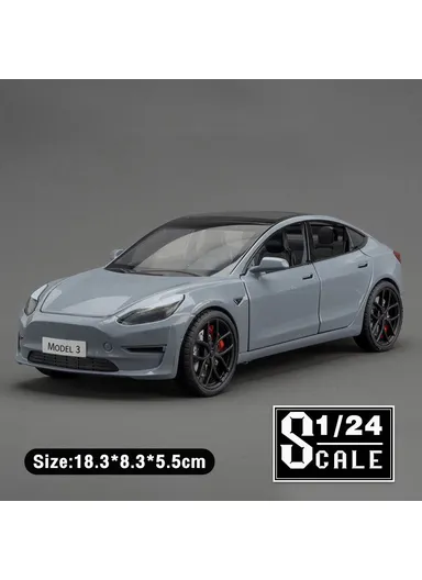 1:24 Tesla Model 3 Alloy Pull Back Car Model Sound Light Boy Toy Car - Grey