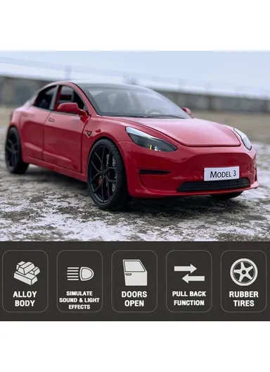 1:24 Tesla Model 3 Alloy Pull Back Car Model Sound Light Boy Toy Car - Grey