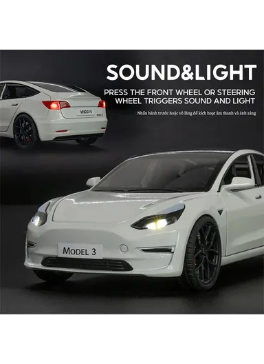 1:24 Tesla Model 3 Alloy Pull Back Car Model Sound Light Boy Toy Car - Grey
