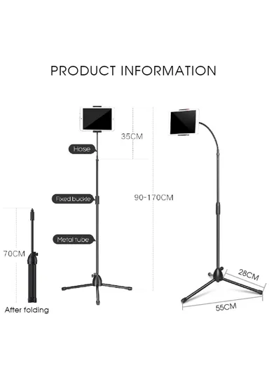 Universal Tablet Holder Floor Stand 3.5-10.5 inch Mobile Phone Tablet 360° Rotating Retractable Metal Tripod