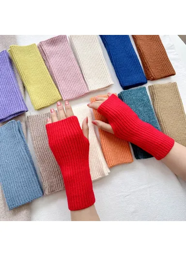 1 Pair Women Knitted Fingerless Gloves with Thumbholes Outdoor Wrist Warmers - Camel