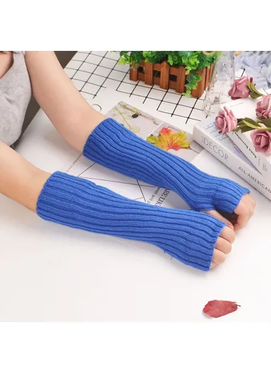 1 Pair 30cm Winter Fingerless Gloves Long Thermal Knitted Mittens Stretchy Arm Warmers - Blue