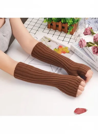 1 Pair 30cm Winter Fingerless Gloves Long Thermal Knitted Mittens Stretchy Arm Warmers - Khaki