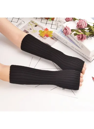 1 Pair 30cm Winter Fingerless Gloves Long Thermal Knitted Mittens Stretchy Arm Warmers - Black