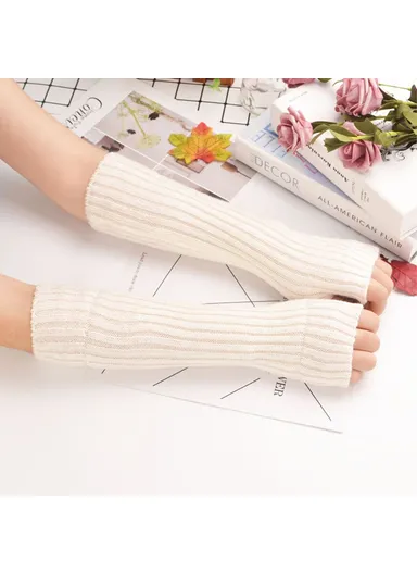 1 Pair 30cm Winter Fingerless Gloves Long Thermal Knitted Mittens Stretchy Arm Warmers - White