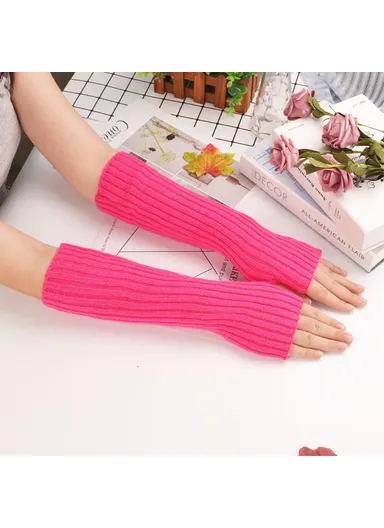 1 Pair 30cm Winter Fingerless Gloves Long Thermal Knitted Mittens Stretchy Arm Warmers - Rose