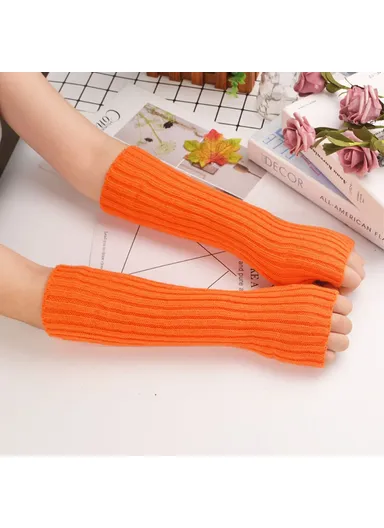 1 Pair 30cm Winter Fingerless Gloves Long Thermal Knitted Mittens Stretchy Arm Warmers - Orange