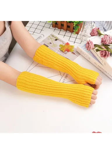 1 Pair 30cm Winter Fingerless Gloves Long Thermal Knitted Mittens Stretchy Arm Warmers - Yellow
