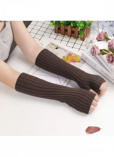 1 Pair 30cm Winter Fingerless Gloves Long Thermal Knitted Mittens Stretchy Arm Warmers - Dark Grey