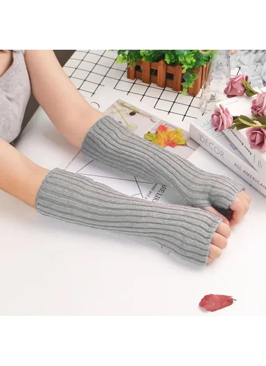 1 Pair 30cm Winter Fingerless Gloves Long Thermal Knitted Mittens Stretchy Arm Warmers - Light Grey