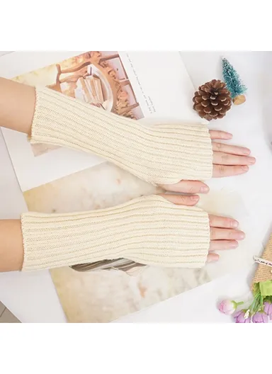 1 Pair 30cm Winter Fingerless Gloves Long Thermal Knitted Mittens Stretchy Arm Warmers - Beige
