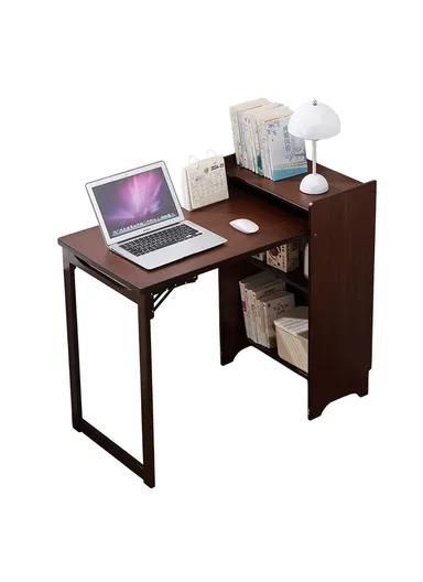 Foldable Bamboo Study Desk, Computer Table Easy Storage Home Office Workstation with Bookshelf (W100 x D50 x H85)cm