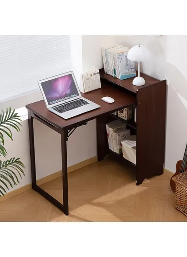 Foldable Bamboo Study Desk, Computer Table Easy Storage Home Office Workstation with Bookshelf (W100 x D50 x H85)cm