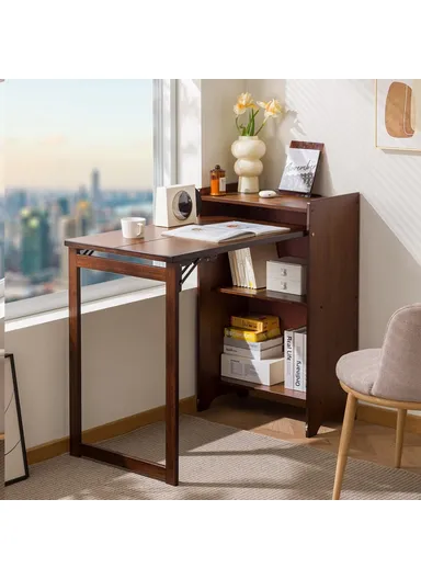 Foldable Bamboo Study Desk, Computer Table Easy Storage Home Office Workstation with Bookshelf (W100 x D50 x H85)cm