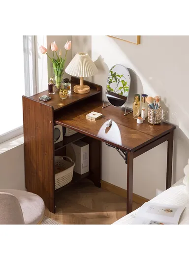Foldable Bamboo Study Desk, Computer Table Easy Storage Home Office Workstation with Bookshelf (W100 x D50 x H85)cm