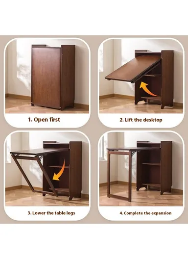 Foldable Bamboo Study Desk, Computer Table Easy Storage Home Office Workstation with Bookshelf (W100 x D50 x H85)cm