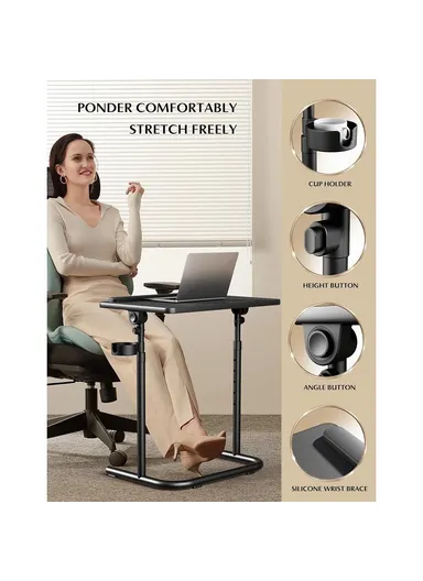 Adjustable Height Folding Laptop Desk, Portable Overbed Table Multifunction Workstation (W56 x D37 x H59-75)cm - Light Grey