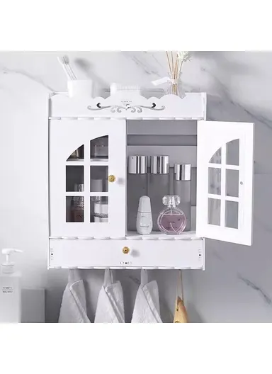 Wood-Plastic Board Multi-Tier Bathroom, Organizer No Drill Wall Mounted Cosmetic &amp; Skincare Storage Cabinet