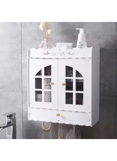 Wood-Plastic Board Multi-Tier Bathroom, Organizer No Drill Wall Mounted Cosmetic &amp; Skincare Storage Cabinet