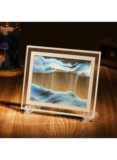 5-inch Flowing Sand Landscape Painting 3D Glass Moving Sand Art Painting Ornament Liquid Hourglass Home Decor - Black / White / Blue