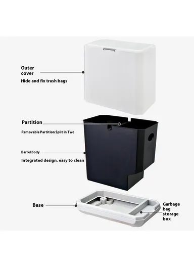 14L Large Capacity High Waste Bin with Press Lid Dry Wet Separation Plastic Trash Can for Office Kitchen - White &amp; Black