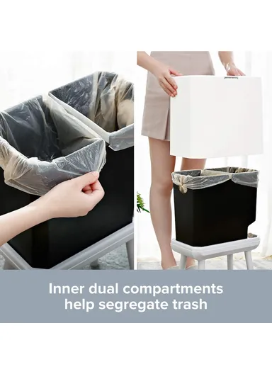 14L Large Capacity High Waste Bin with Press Lid Dry Wet Separation Plastic Trash Can for Office Kitchen - White &amp; Grey