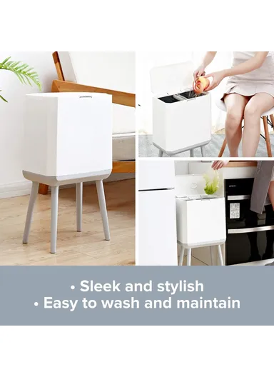 14L Large Capacity High Waste Bin with Press Lid Dry Wet Separation Plastic Trash Can for Office Kitchen - Grey &amp; White