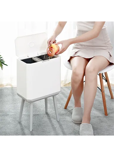 14L Large Capacity High Waste Bin with Press Lid Dry Wet Separation Plastic Trash Can for Office Kitchen - Grey &amp; White