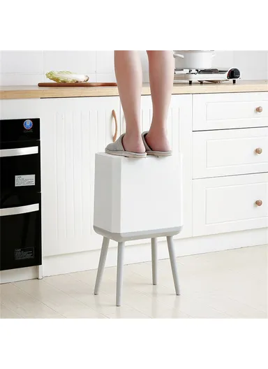 14L Large Capacity High Waste Bin with Press Lid Dry Wet Separation Plastic Trash Can for Office Kitchen - Grey &amp; White