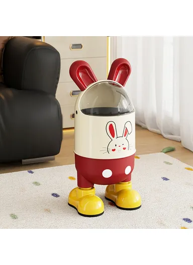 Cute Rabbit Ears Design Flip Lid Trash Can with Standing Feet for Living Room &amp; Bathroom Waste Bin, Size M - Red+White