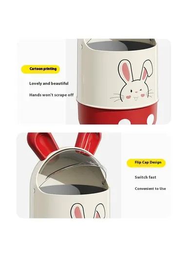 Cute Rabbit Ears Design Flip Lid Trash Can with Standing Feet for Living Room &amp; Bathroom Waste Bin, Size M - Red+White