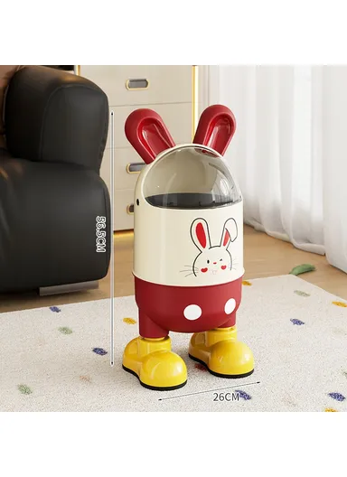 Cute Rabbit Ears Design Flip Lid Trash Can with Standing Feet for Living Room &amp; Bathroom Waste Bin, Size M - Red+White