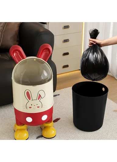 Cute Rabbit Ears Design Flip Lid Trash Can with Standing Feet for Living Room &amp; Bathroom Waste Bin, Size L- Red+White
