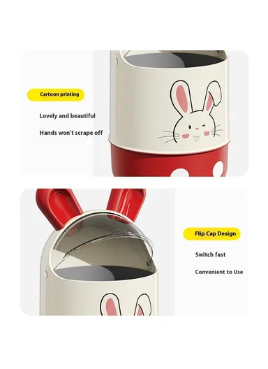 Cute Rabbit Ears Design Trash Can, with Flip Lid for Living Room Bathroom Waste Bin, Size L- Red+White
