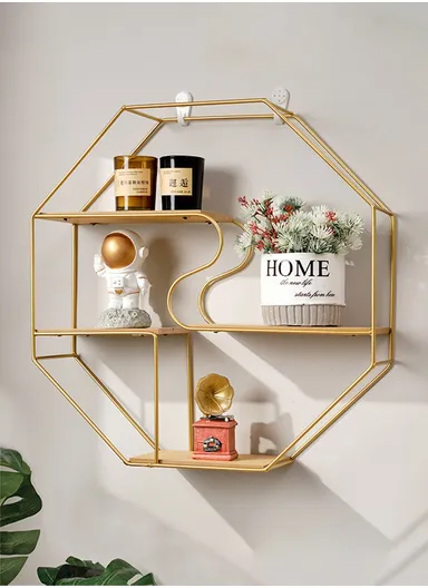 Metal Wall Mounted Shelf Decorative Rack Creative Storage Holder Organizer for Living Room Home Decor - Gold