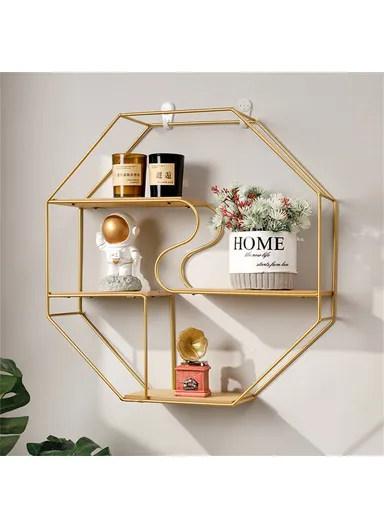 Metal Wall Mounted Shelf Decorative Rack Creative Storage Holder Organizer for Living Room Home Decor - Gold